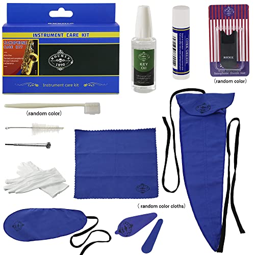 Saxophon-Reinigungsset,Saxophone Sax Cleaner Care Cleaning Kit, Maintenance Kit, Key Oil, Cork Grease, Tupfer, Reinigungstuch, Daumenauflage, Mundstückbürste und mehr (zufälliges Farbtuch) von ROCHIX 1890