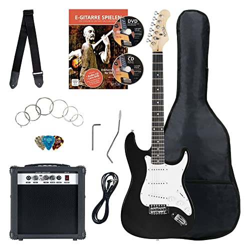 Rocktile Banger's Pack Komplettset E-Gitarre Schwarz (Verstärker, Tremolo, Tasche, Kabel, Gurt, Plecs, Ersatzsaiten und Schule mit CD/DVD) von ROCKTILE