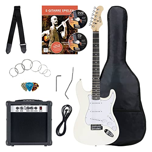 Rocktile Banger's Pack Komplettset E-Gitarre Weiß (Verstärker, Tremolo, Tasche, Kabel, Gurt, Plecs, Ersatzsaiten und Schule mit CD/DVD) von ROCKTILE