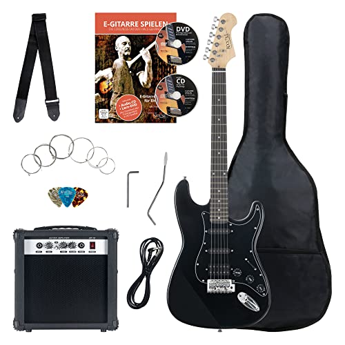 Rocktile Banger's Power Pack Komplettset E-Gitarre mit Single Coil und Humbucker Pickups Schwarz (Verstärker, Tasche, Kabel, Gurt, Plecs, Tremolo, Ersatzsaiten und Schule mit CD/DVD) von ROCKTILE