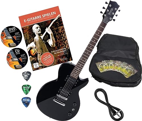 Rocktile LP-100 BL E-Gitarre Black mit Zubehör (Gitarren Gigbag Tasche, Kabel, Plektren, Gitarren Schule mit CD & DVD, Gitarrensaiten) von ROCKTILE