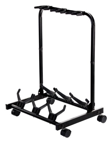 Rocktile Multistand 3-Fach Gitarrenständer - Mehrfach Gitarrenhalter für Klassik Gitarre, Akustik Gitarre, E-Gitarre, E-Bass - Gitarrenstativ klappbar mit Rollen - Saiteninstrumente Multi Stativ von ROCKTILE