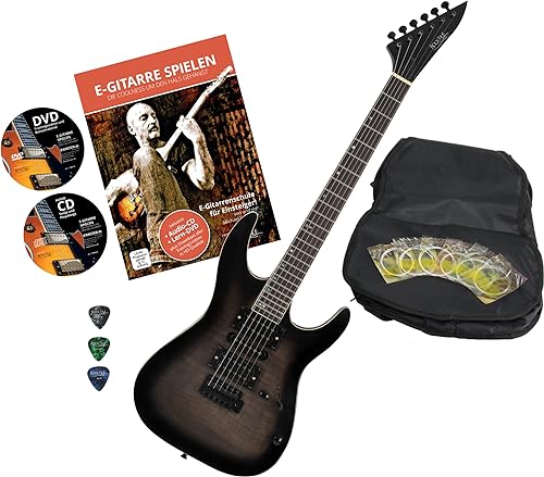 Rocktile Pro J150-TB E-Gitarre Transparent Black mit Zubehör (Gitarren Gigbag Tasche, Kabel, Plektren, Gitarren Schule mit CD & DVD, Gitarrensaiten) von ROCKTILE