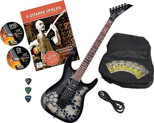 Rocktile Pro JK150F-BSK E-Gitarre Skull mit Zubehör (Gitarren Gigbag Tasche, Kabel, Plektren, Gitarren Schule mit CD & DVD, Gitarrensaiten) von ROCKTILE