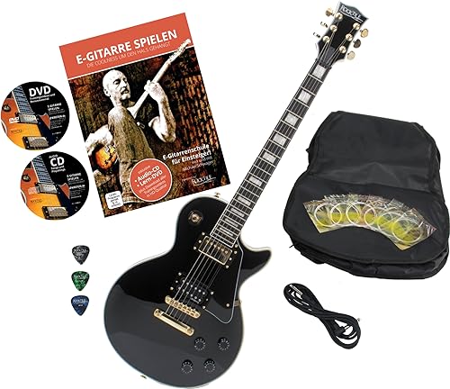 Rocktile Pro L-200BK Deluxe E-Gitarre Black mit Zubehör (Gitarren Gigbag Tasche, Kabel, Plektren, Gitarren Schule mit CD & DVD, Gitarrensaiten) von ROCKTILE
