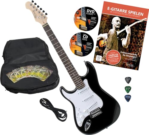 Rocktile Pro ST3-BK/RW-L Linkshänder E-Gitarre Black + Zubehör (Gitarre Gigbag Tasche, Kabel, Plektren, Gitarre Schule mit CD & DVD, Gitarrensaiten) von ROCKTILE