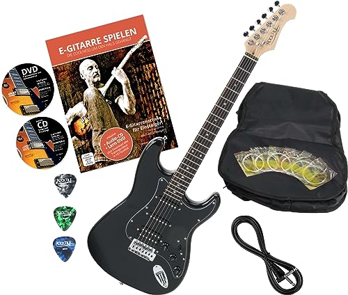 Rocktile Pro ST60-BK E-Gitarre All Black mit Zubehör (Gitarren Gigbag Tasche, Kabel, Plektren, Gitarren Schule mit CD & DVD, Gitarrensaiten) von ROCKTILE