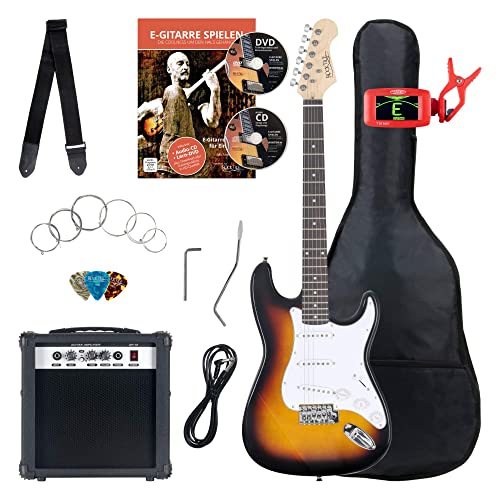 Rocktile ST-Pack Komplettset E-Gitarre Sunburst (Verstärker, Stimmgerät, Tremolo, Tasche, Kabel, Gurt, Plecs, Ersatzsaiten und Schule mit CD/DVD) von ROCKTILE