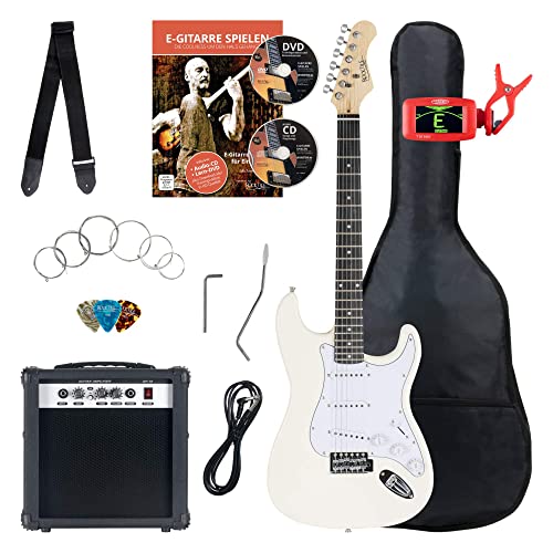 Rocktile ST-Pack Komplettset E-Gitarre White (Verstärker, Stimmgerät, Tremolo, Tasche, Kabel, Gurt, Plecs, Ersatzsaiten und Schule mit CD/DVD) von ROCKTILE