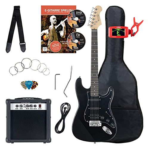 Rocktile ST-Pack Komplettset Power E-Gitarre Schwarz (Verstärker, Stimmgerät, Tremolo, Tasche, Kabel, Gurt, Plecs, Ersatzsaiten und Schule mit CD/DVD) von ROCKTILE