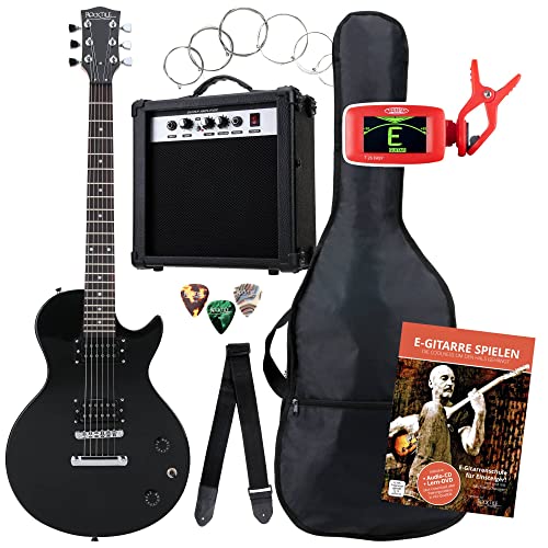 Rocktile Single Cut Pack Komplettset Power E-Gitarre Schwarz (Verstärker, Stimmgerät, Tasche, Kabel, Gurt, Plecs, Ersatzsaiten und Schule mit CD/DVD) von ROCKTILE