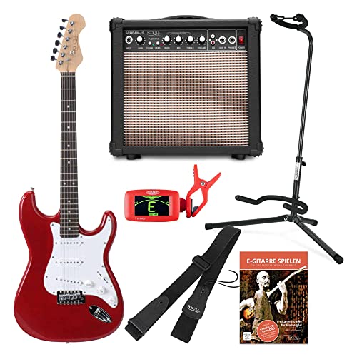 Rocktile Sphere Classic Red E-Gitarre Set (E-Gitarre in ST-Design mit 3 Tonabnehmer und Tremolo, inklusive Verstärker, Ständer, Stimmgerät, Gurt und Gitarrenkabel) Rot von ROCKTILE