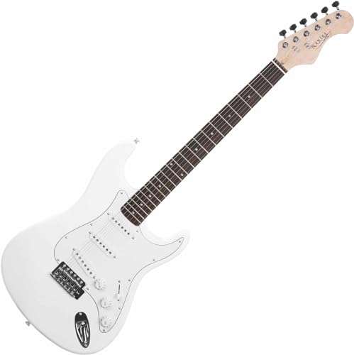 Rocktile Sphere Classic White E-Gitarre (weißes Schlagbrett, 3x Single Coil Tonabnehmer, 21 Bünde, Engineering Wood Griffbrett, Tremolo-Bridge, 2,5m Gitarrenkabel, Tremolohebel und Inbusschlüssel) von ROCKTILE