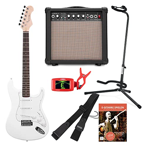 Rocktile Sphere Classic White E-Gitarre Set (E-Gitarre in ST-Design mit 3 Tonabnehmer und Tremolo, inklusive Verstärker, Ständer, Stimmgerät, Gurt und Gitarrenkabel) Weiß von ROCKTILE