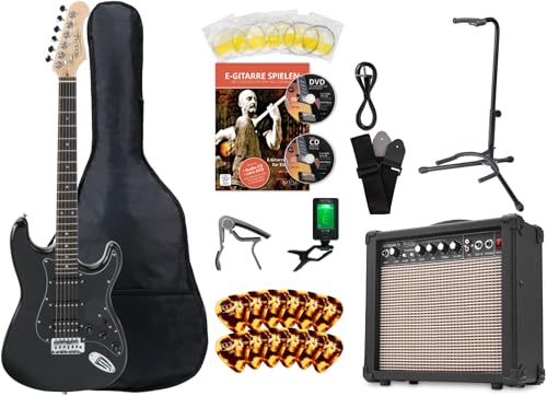 Rocktile Super Kit Komplettset E-Gitarre (Verstärker, Stimmgerät, Kapodaster, Gurt, Plektren, Tasche, Gitarrenständer und Schule inkl. CD/DVD) schwarz von ROCKTILE