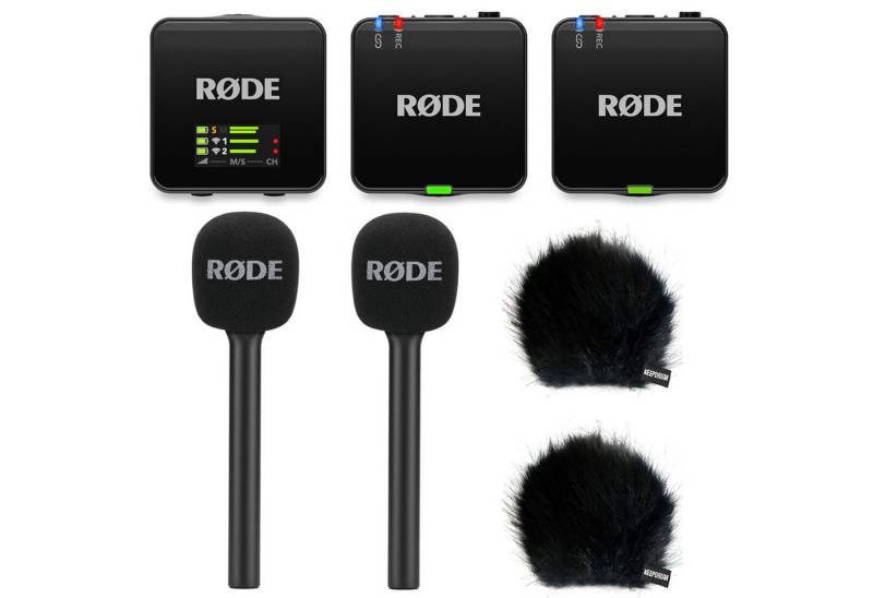 RØDE Rode Mikrofon-Funksystem Wireless GO Gen 3 Interview Set 2 BK Digitales Aufnahmegerät (Vorteils-Set mit Handadapter und Windschutz) von RØDE