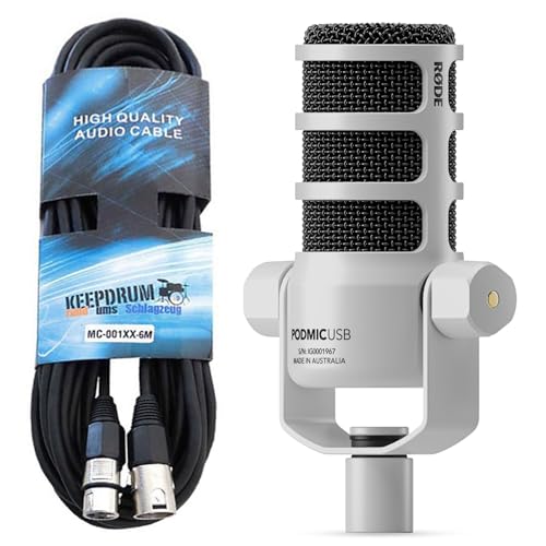 Rode Podmic USB XLR Dynamisches Sprecher-Mikrofon Weiss mit keepdrum XLR-Kabel von RØDE