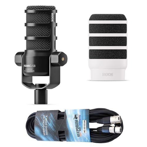 Rode Podmic USB XLR Podcast Sprecher-Mikrofon + WS14W Deluxe Popschutz Weiss+ keepdrum XLR-Kabel von RØDE