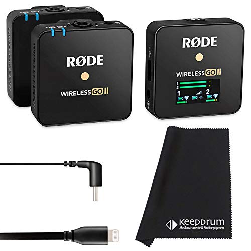 Rode Wireless GO II 2-Kanal Mikrofon-Funksystem + SC15 Anschlusskabel USB-C auf Light-ning + keepdrum Mikrofasertuch von RØDE