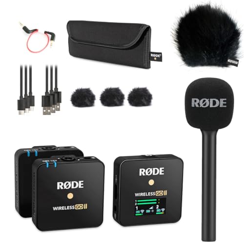 Rode Wireless GO II Drahtlos-Mikrofon Set + Interview GO Griff-Handadapter + keepdrum Fell-Windschutz BK Schwarz von RØDE