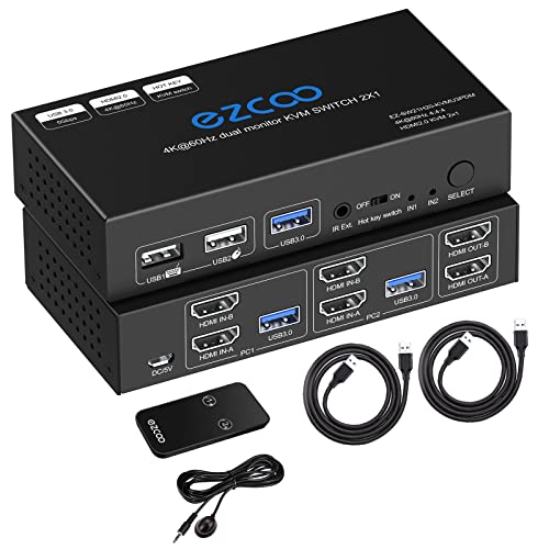 HDMI KVM Switch Dual Monitor 4K 60Hz USB 3.0 2 Ports with Hotkey 18Gbps HDCP2.3 2x HDMI Extended Display Share 2 PC with one Keyboard Mous HDR D-olby Vision VRR IR Remote Control von ROFAVEZCO