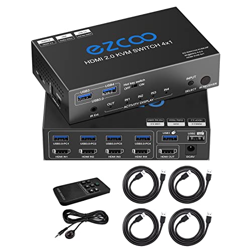 KVM Switch HDMI USB 3.0 4 Ports with Hotkey 4K 60Hz 18Gbps Share 4 Computers with one Keyboard Mous HDR D-olby Vision HDCP2.2 Remote Control von ROFAVEZCO