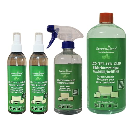 ROGGE ScreenClean -Bildschirm-Reiniger Set, 2x250ml, 1x500ml, 1x1 Liter Nachfüllflasche. Flaschen aus 100% recyceltem Kunststoff, 4Teile von ROGGE