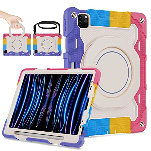 ROISKIN Kinder Hülle für iPad Pro 11 Zoll 4th 3rd 2nd 1st Generation (2022 2021 2020 2018),Stoßfeste iPad Air 5/4 Hülle mit Stifthalter & Bildschirmschutz & Drehbarer Ständer & Schultergurt,Rosa von ROISKIN