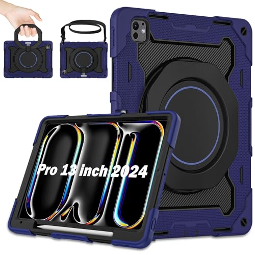 ROISKIN für iPad Pro 13 Zoll Hülle M4 2024 mit HD-Bildschirmschutz & Schultergurt, Heavy Duty Stoßfeste Military Hülle für iPad Pro 13 Zoll 7. Generation, Drehbarer Ständer Hülle für Kinder,Blau von ROISKIN