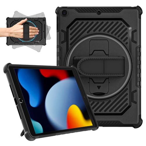 ROISKIN iPad 9. / 8. / 7. Generation Hülle 10.2: Heavy Duty Stoßfest Robuste Schutzhülle iPad 10.2 Zoll 2021/2020/2019 Hülle mit 360 Rotation Stand/Handschlaufe für Kinder Jungen Mädchen, Schwarz von ROISKIN