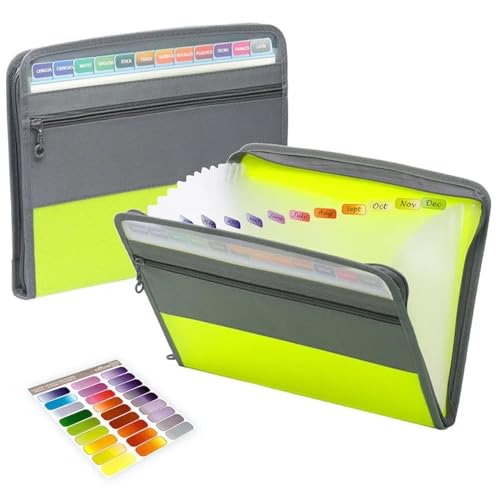 Basics Expanding File Folder Organiser, Akkordeon-Dateiordner mit 13 Fächern, Dokumenten-Organizer, erweiterbarer Zip-Dateiordner(Green) von ROJDFCNBW