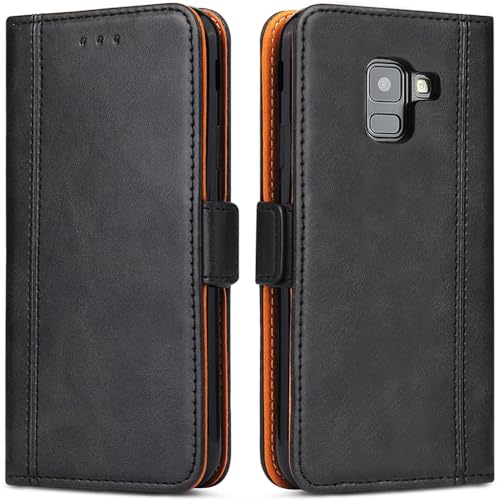 Handyhülle für Samsung Galaxy A8 2018, Leder Handytasche Kartenfach Klappständer Magnetisch Lederhülle für Samsung Galaxy A8 2018 Hülle, Schwarz von ROJIOJIO