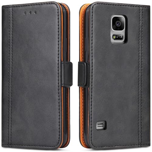 ROJIOJIO Handyhülle für Samsung Galaxy S5/ S5 Neo, Leder Handytasche Kartenfach Klappständer Magnetisch Lederhülle für Samsung Galaxy S5/ S5 Neo Hülle, Schwarz von ROJIOJIO