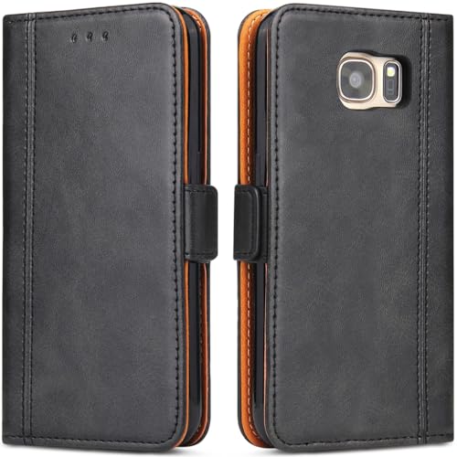 ROJIOJIO Handyhülle für Samsung S7 Edge Hülle, Leder Handytasche Kartenfach Klappständer Magnetisch Lederhülle für Samsung Galaxy S7 Edge Klapphülle, Schwarz von ROJIOJIO