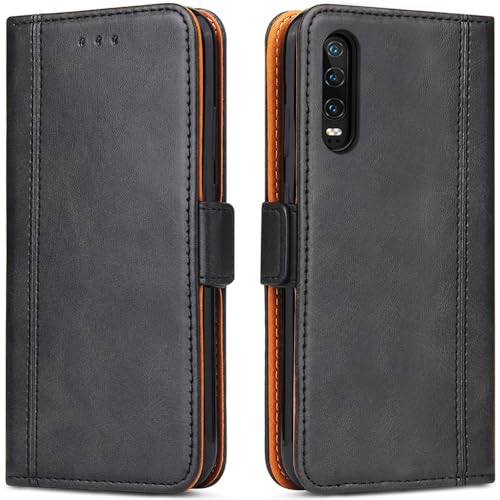 ROJIOJIO Handyhülle für Huawei P30 Hülle, Premium Leder Klapphülle Handytasche lederhülle Schutzhülle mit [Standfunktion] [Kartenfächern] für Huawei P30, Schwarz von ROJIOJIO
