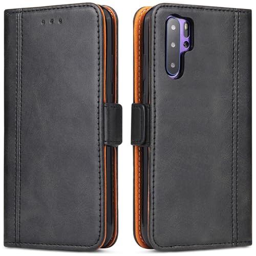 ROJIOJIO Handyhülle für Huawei P30 Pro Hülle, Premium Leder Klapphülle Handytasche lederhülle Schutzhülle mit [Standfunktion] [Kartenfächern] für Huawei P30 Pro, Schwarz von ROJIOJIO