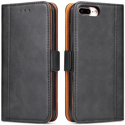 ROJIOJIO Handyhülle für iPhone 7 Plus, iPhone 8 Plus Leder Handytasche Kartenfach Klappständer Magnetisch Lederhülle für iPhone 7 Plus/iPhone 8 Plus Hülle, Schwarz von ROJIOJIO