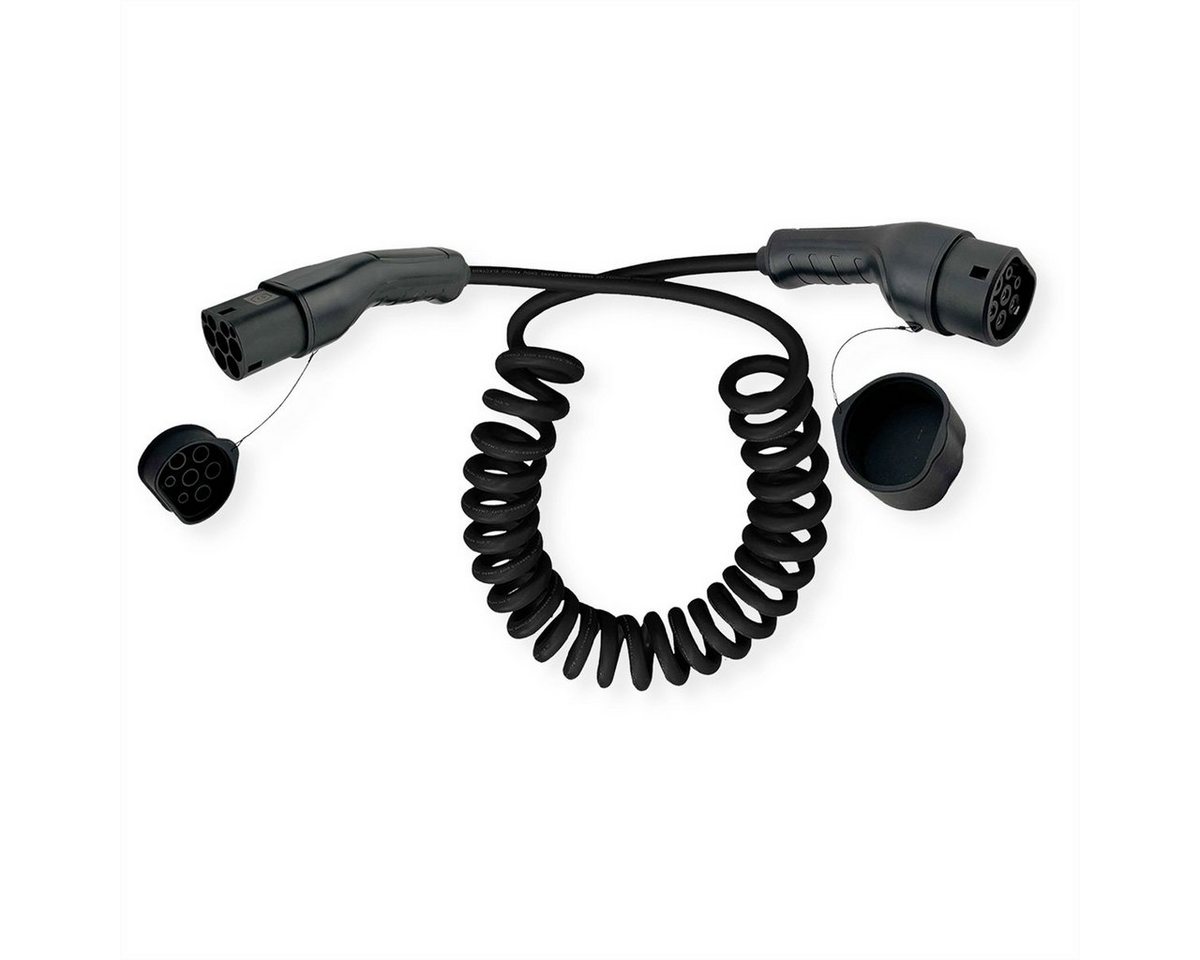 ROLINE E-Auto Ladekabel Typ2, 3-phasig Autoladekabel, IEC 62196-2 Typ 2 (VDE-AR-E 2623-2-2) Männlich (Stecker), IEC 62196-2 Typ 2 (VDE-AR-E 2623-2-2) Weiblich (Buchse) (300.0 cm), 480VAC (3P+N+E), 32 A, 22 kW, Spiralkabel von ROLINE
