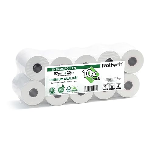 ROLTECH | 10 Thermorollen | 57mm x 25m x 12mm | mit SEPA-Lastschrifttext | BPA frei | EC Cash | Kassenrollen | Thermopapier | Bonrollen | Premium Qualität (10 Rollen) von ROLTECH
