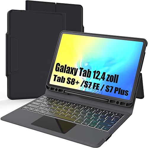 Folio Tastatur Hülle für Samsung Galaxy Tab S7 FE /S8 Plus/S7 Plus 12,4 Zoll - Kabellose Deutsches QWERTZ Layout Tastatur mit Trackpad - Beleuchtung Touch Tastatur für Tab S8+ 2022/S7 FE 2021/S7+ 2020 von ROOFEI