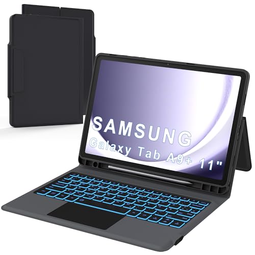 Für Samsung Galaxy Tab A9+ 11 Zoll Hülle mit Tastatur - Folio 7 Farbige Beleuchtete Touch Trackpad Tablet Cover mit Stifthalter - Deutsches QWERTZ Layout Tastatur mit Touchpad für Tab A9 Plus 11" 2023 von ROOFEI