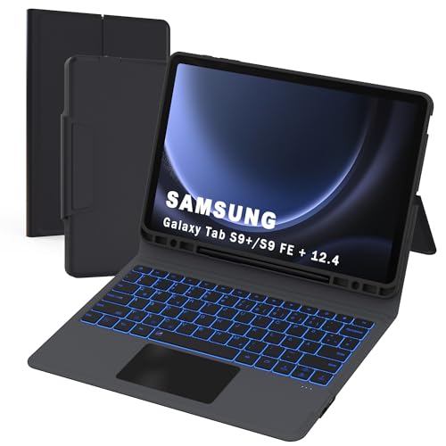 Für Samsung Galaxy Tab S9 FE+ /S9 Plus 12,4 Zoll Hülle mit Tastatur - Folio Trackpad Tablet Cover mit Stifthalter - Beleuchtete Deutsches QWERTZ Layout Tastatur mit Touchpad für Tab S9 FE+ / S9+ 12.4" von ROOFEI
