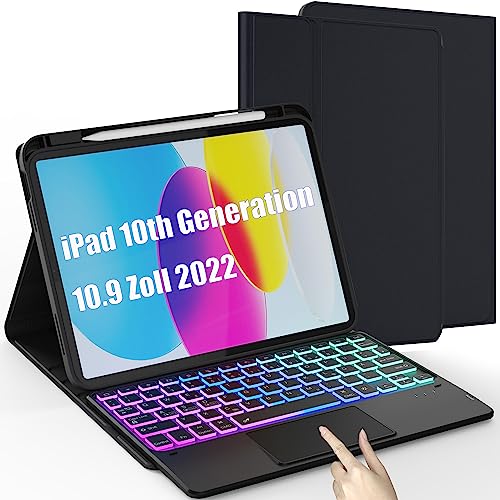 Hülle mit Tastatur für iPad A16 11 Generation 2025/10. Generation 2022 (11/10.9 Zoll) - 3-Zone 7 Farben Hintergrundbeleuchtung Abnehmbare Trackpad Tablet Cover - QWERTZ Layout，mit Stifthalter von ROOFEI