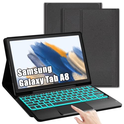 ROOFEI Galaxy Tab A8 Hülle mit Tastatur, 7-Farbige Beleuchtung Tastatur mit Trackpad - QWERTZ Deutsches Layout Tastatur mit Stifthalter für Samsung Galaxy Tab A8 10,5'' 2021/2022 SM-X200/X205/X207 von ROOFEI