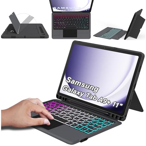 ROOFEI Galaxy Tab A9+/A9 Plus 11'' Hülle mit Tastatur QWERTZ : 3-Zonen-7-Farbige Beleuchtung Tastatur mit Trackpad - Tastatur Hülle mit Kickstand für Samsung Galaxy Tab A9+ 2023 (SM-X210/X215/X216B) von ROOFEI