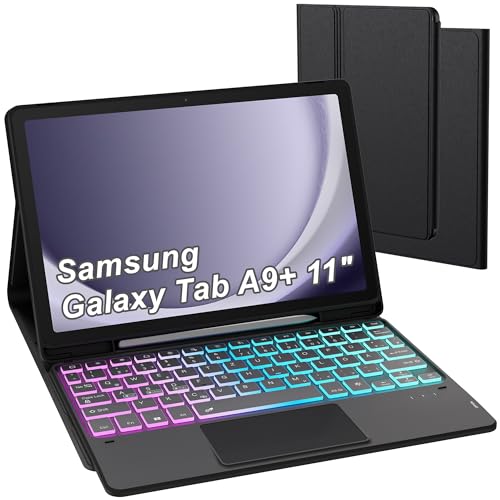 ROOFEI für Samsung Galaxy Tab A9 Plus Hülle Mit QWERTZ Tastatur - DIY 3-Zonen-7-Farbige Beleuchtung Magnetisch Abnehmbar Tastatur mit Trackpad für Samsung Galaxy Tab А9+ 2023 11 Zoll, Schwarz von ROOFEI