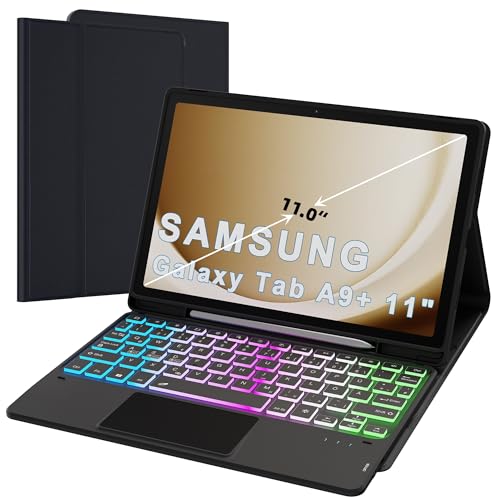 ROOFEI Galaxy Tab A9+/A9 Plus Hülle mit Tastatur: 11 Zoll Galaxy Tab A9+ Abnehmbar Tastatur mit Touchpad & 3-Zozen-7-Farbige Beleuchtung - Kabellose Deutsches QWERTZ-Layout Tastatur Tab A9 Plus 2023 von ROOFEI
