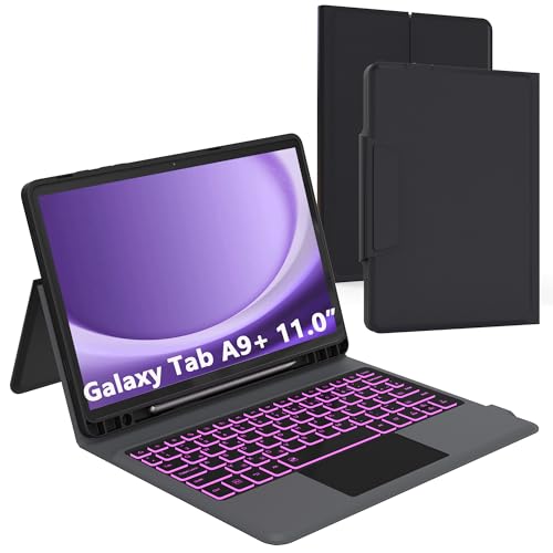 ROOFEI Galaxy Tab A9+ A9 Plus Hülle mit Tastatur: 11 Zoll Galaxy Tab A9plus Deutsches QWERTZ-Layout Tastatur mit Touchpad | 7-Farbige Beleuchtung Kabellose Tastatur für Samsung Tab A9+ 2023 von ROOFEI