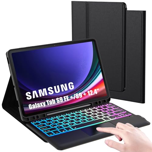 ROOFEI Galaxy Tab S9 FE+/S9+ Plus 12,4 Zoll Hülle mit Tastatur QWERTZ : 3-Zonen-7-Farbige DIY Hintergrundbeleuchtung, Smart Touchpad, Abnehmbare Tastatur für Samsung Galaxy Tab S9 FE+/S9+ 12.4" 2023 von ROOFEI
