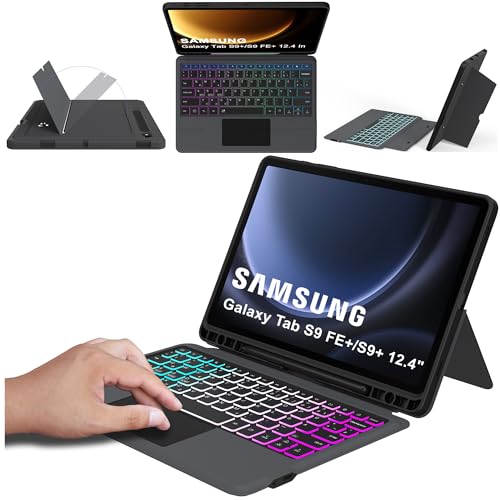 ROOFEI Galaxy Tab S9 FE+/S9+ Plus 12.4 Zoll Hülle mit Tastatur QWERTZ - Abnehmbare Tastatur mit Touchpad & 7 Farbige Beleuchtung & Kickstand - Tastatur Hülle für Samsung Galaxy Tab S9 FE+/Tab S9+ 2023 von ROOFEI